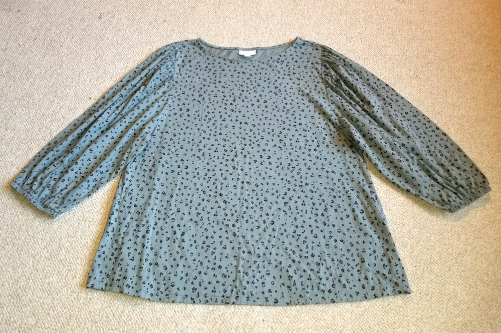 Womens Top-J. JILL-teal/grey leopard cotton knit boat neck 3/4 balloon slv-L